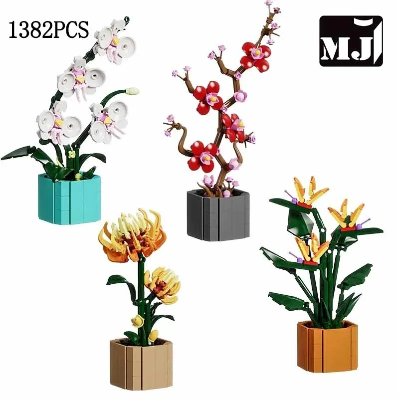 MJ BLOCK Sunflower Potted House Decoration Creativity MOC Model Bricks DIY Flowers Toy Building Block Gifts for Kids Girls