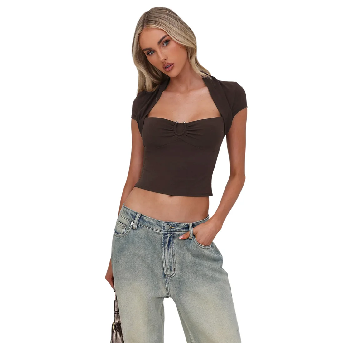 Vêtements pour femmes, nouvelle personnalité, couleur unie, col carré, serré, nombril, manches courtes, T-shirt et Short, costume pour femmes, été 2025