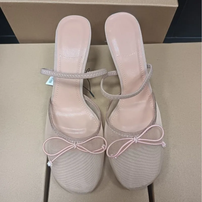 

Лето 2023, женские босоножки на высоком каблуке, балетный стиль, милая бабочка, украшение с бантом, дышащая сетчатая конструкция, женские туфли-лодочки телесного цвета