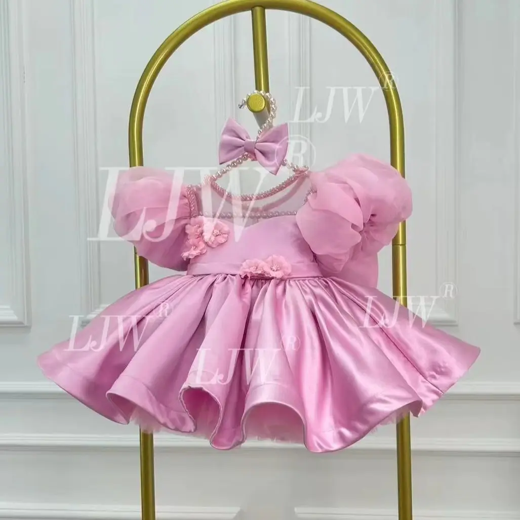 Luxury Pink Satin Baby Girls Formal Dress Pearl Neck Puff Sleeve 3D Flower Front Big Bow Back Kids Wedding Baptism Party Outfit view 6