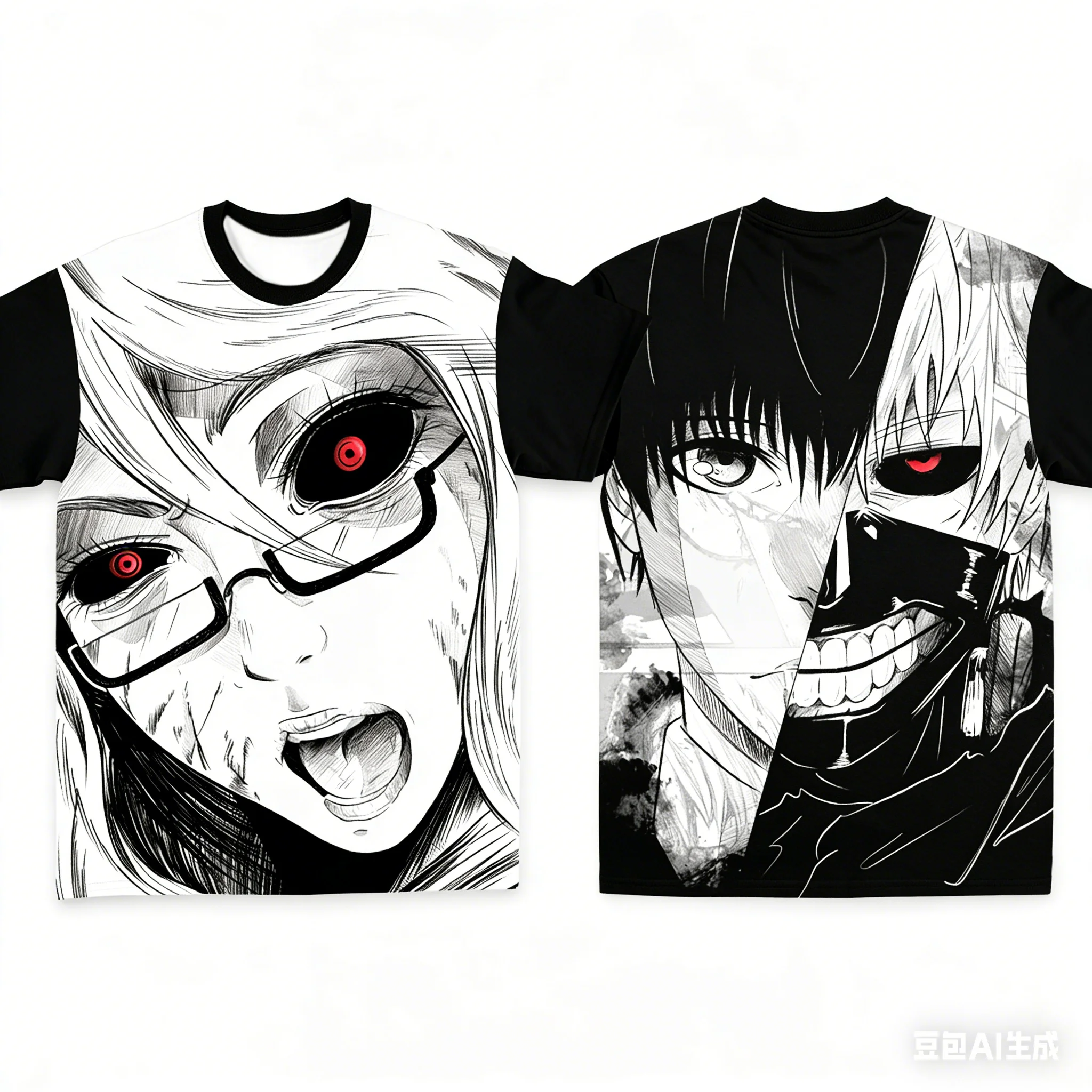 Half-face Ken Kaneki in Black-and-white Manga Style 3D Printed Adult and Children's T-shirts, Shorts, Buddy Style