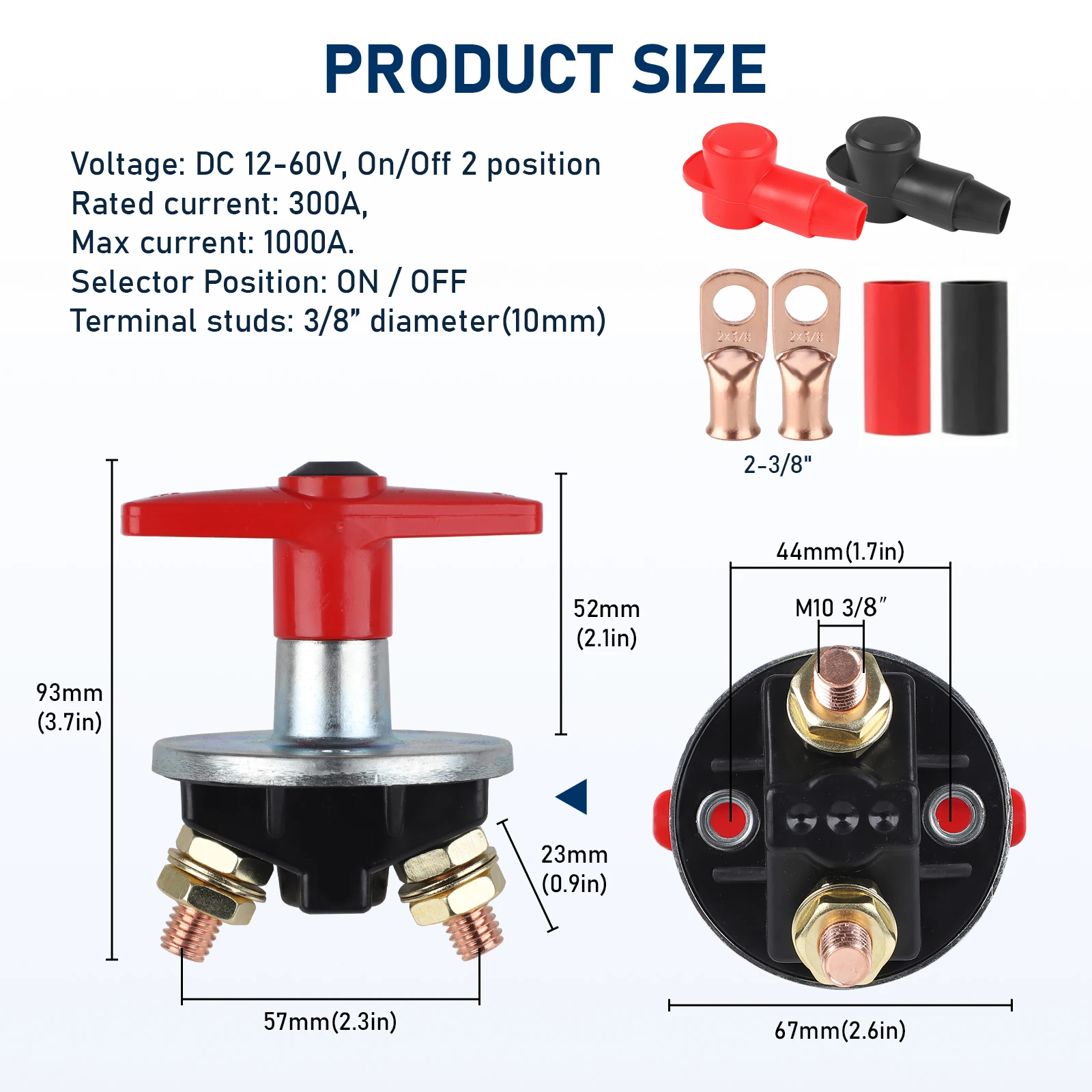 CNSPEED Battery Isolator Cut Off Switch 12v/60v 300A Copper Bolt Battery Disconnect Switch For RV Yachts And vehicle 2 Position