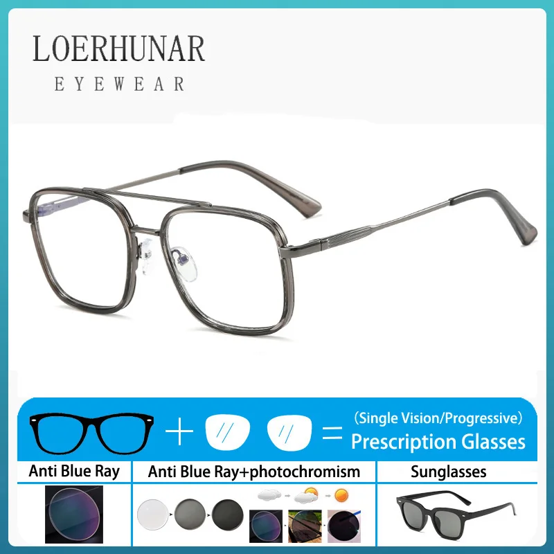 Vintage Leisure Square Large TR90 Double Eyeglass Frame Men Anti Blue Light Optical Prescription Customized Polarized Sunglasses
