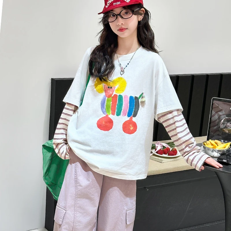 Girl's unique and super beautiful top new children's fake two pieces spring and autumn style Korean long sleeved T-shirt for