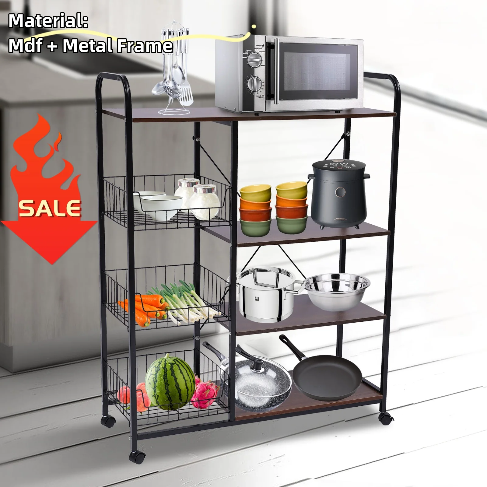 4-Tier Kitchen Serving Trolleys Microwave Oven Organizer Shelf Rolling Utility Cart with Baskets