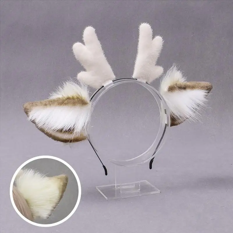

X4YC Faux Fur Ears Plush Antler Headband Lovely Reindeer Animal Hair Hoop Holiday Party Supplies Christmas Halloween Cosplay