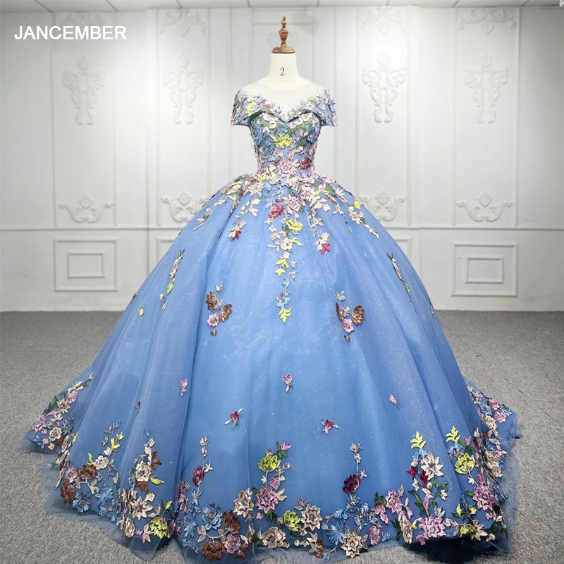 Robe de princesse Quinceanera personnalisée à manches courtes pour filles, col rond, Rhbrillant, bleu, fleurs, fête, Rh, éducatif