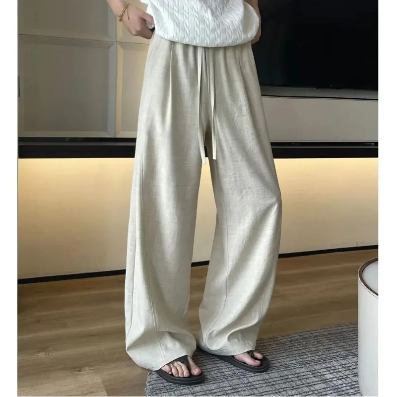 Old Money Style Linen Wide Leg Pants Men Couple Drawstring Waist Loose Drape Straight Casual Summer Trousers