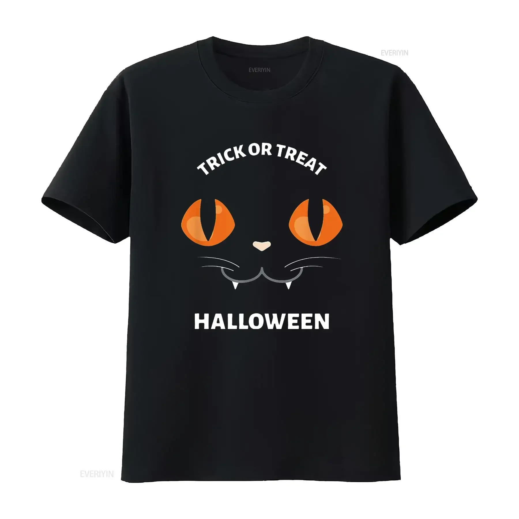

Black Cat Trick or Treat Halloween Graphic T-Shirt Cotton Crew Neck Short Sleeve Tee