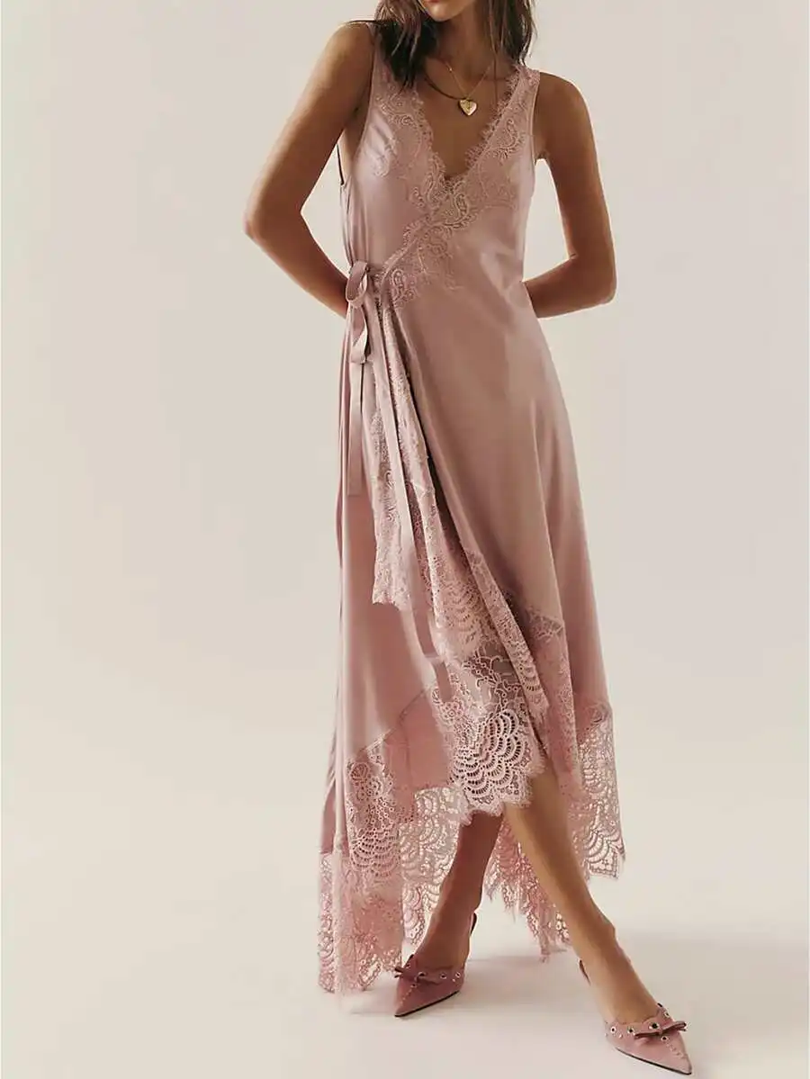

Women Lace Slip Dress High Low Hem Asymmetrical Long Cami Sleeveless V Neck Sheer Flowy Maxi Dress