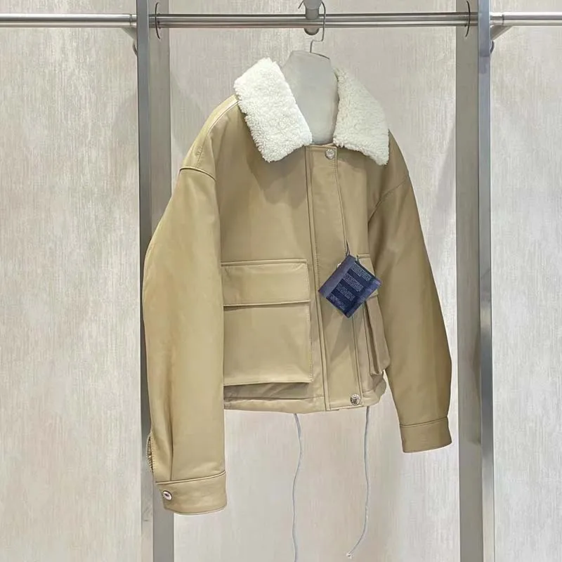 Manteau en peau de mouton véritable pour femme, veste à col en laine, grande poche, style décontracté, longueur courte, nouvelle marque, printemps et automne 2024