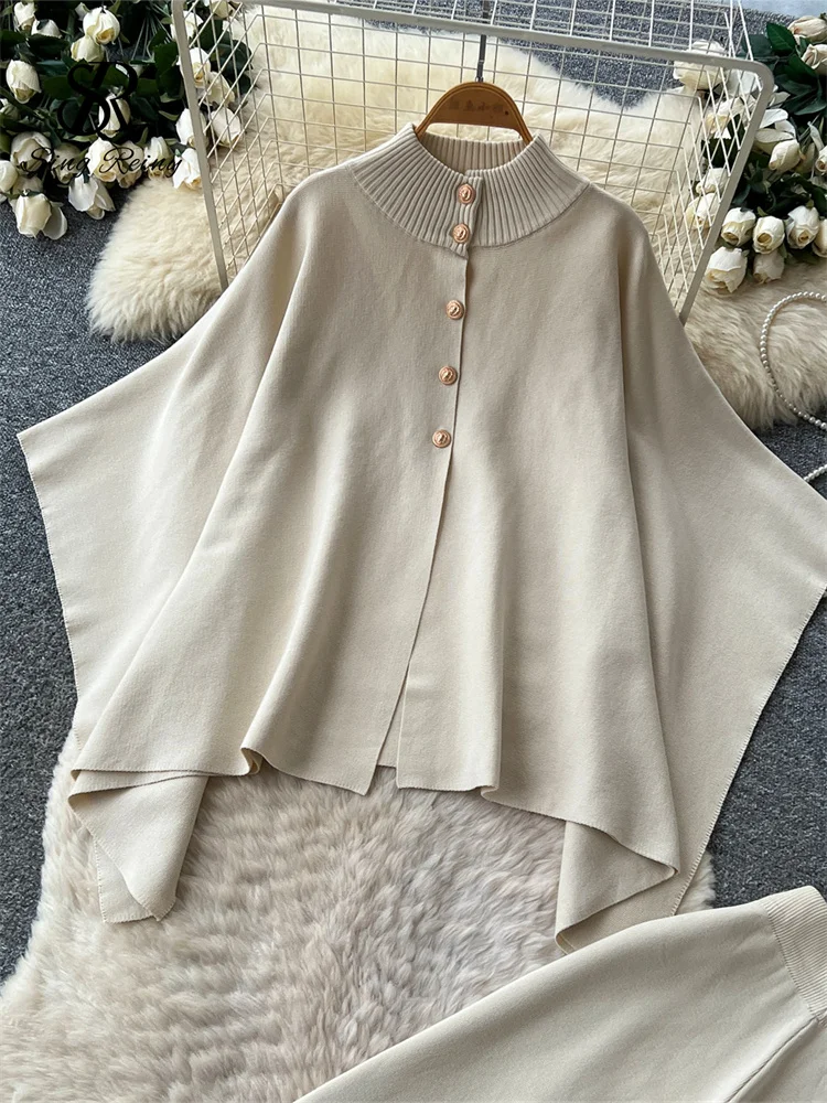 Batwing Sleeve Knitted Suits Women Loose Button Cardigan+Wide Leg Pants French Style Autumn Workwear Elegant 2Pcs Sets