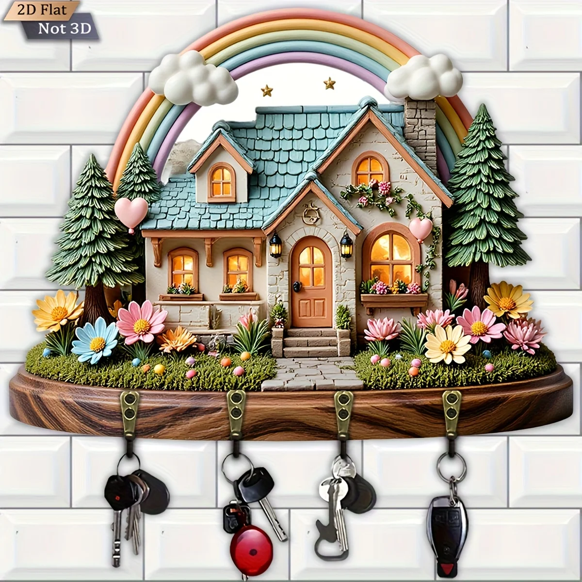 2D flach, 1 Stück, Dream Rainbow Cottage-Schlüsselhaken im thematischen Stil, multifunktionales Schlüsselregal aus Holz für Zuhause, mit vier Metallhaken, Wand