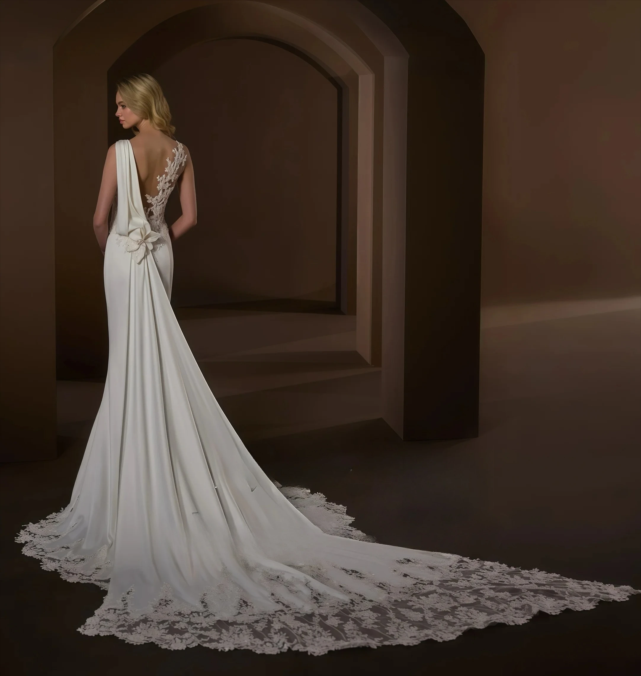 Customized Ornate Lace Deep V Sleeveless Fishtail Sheer Back Floral Applique Sweep Train Floor Length Classic Bridal Attire