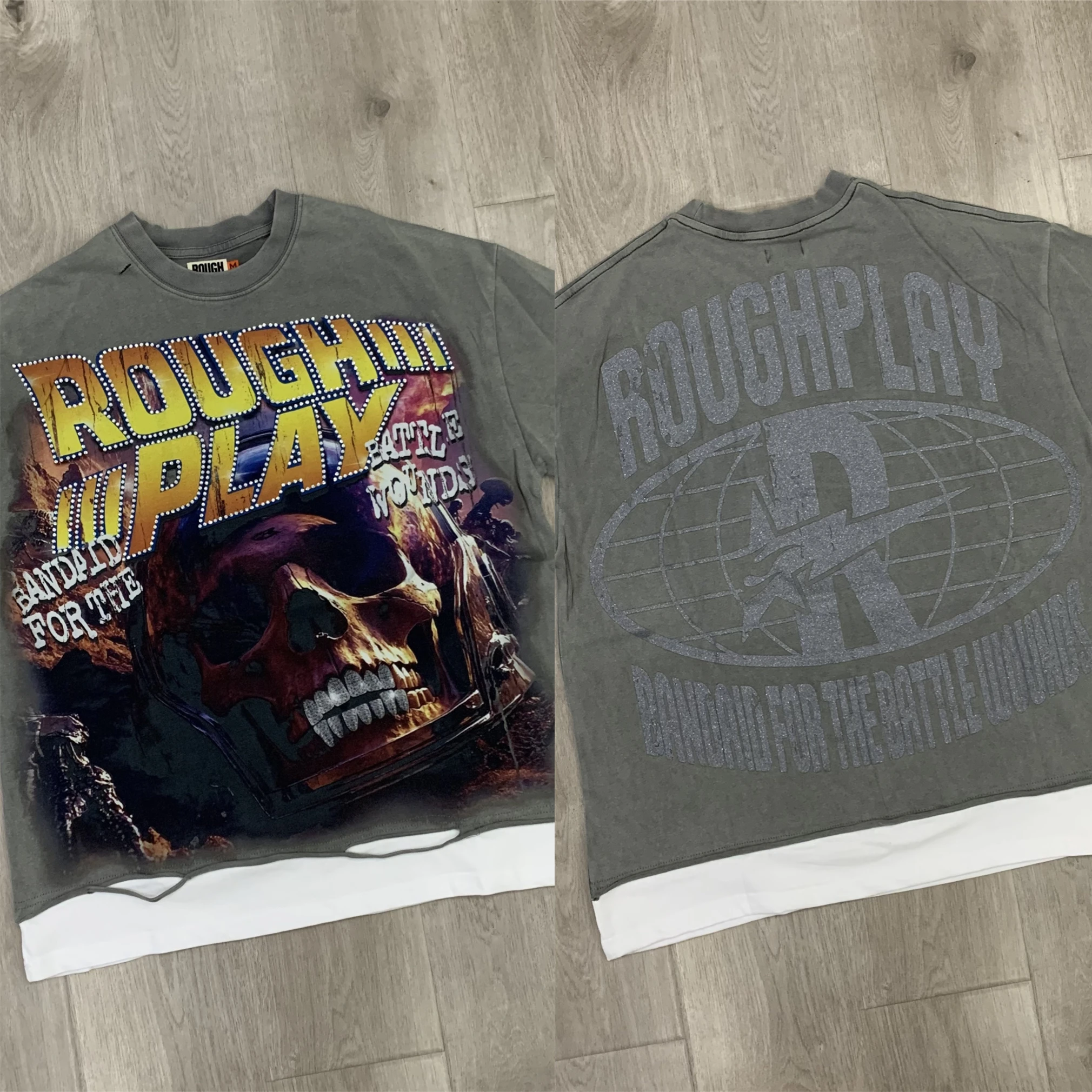Camisetas con estampado de calavera lavada ROUGHPLAY Back 2 The Future, camiseta Wen para mujer de alta calidad, camisetas de juego rugoso de Hip-Hop