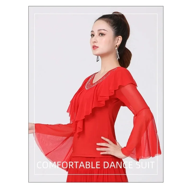 แขนยาวเสื้อเต้นรําสําหรับผู้หญิงสีทึบเพชรขัดลูกไม้ V คอ Latin Ballroom Dancewear