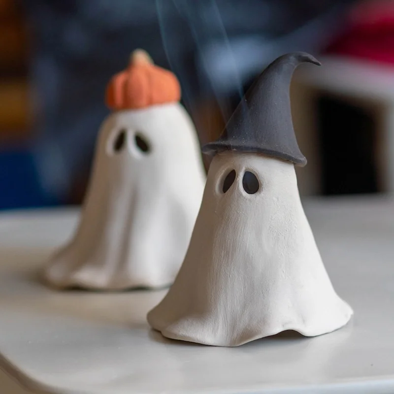 Adorable Halloween Incense Burners: Ghost with Pumpkin Hat & Ghost with Witch Hat Perfect Spooky Decor for a Fun Atmosphere