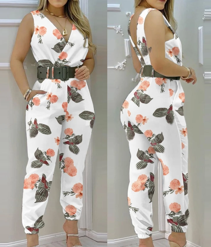 

Fitted Printed Jumpsuit Open Back Design Adjustable Belt Versatile Style Ideal for Leisure