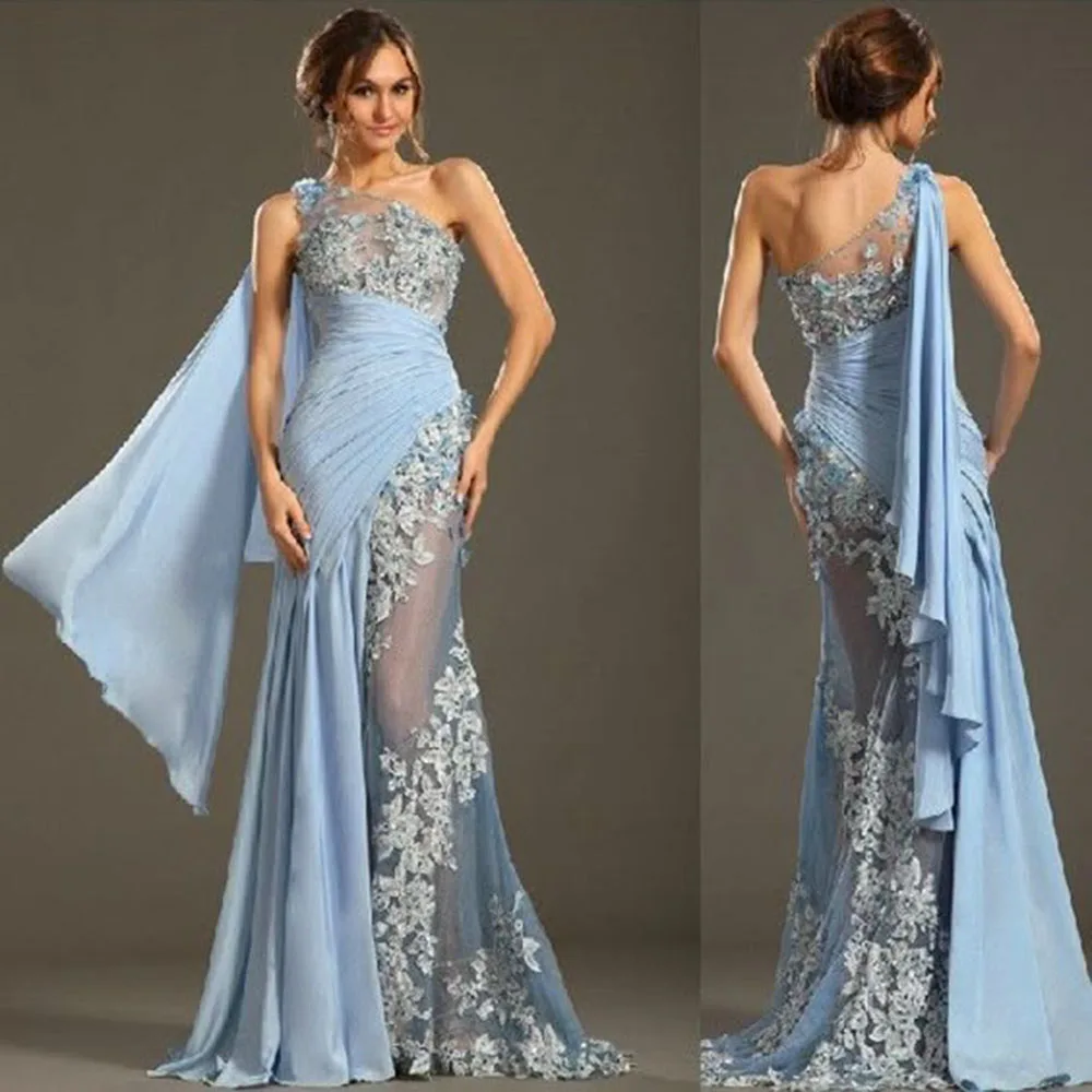 

Elegant Blue Women Prom Dresses Strapless Sleeveless Floor Length Slim Fit Trumpet Illusion Fancy Flowers Evening Party Gowns