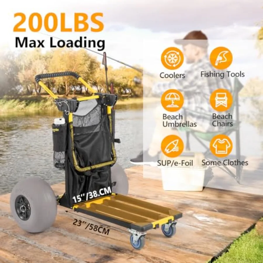 عربة شاطئ 2 في 1 قابلة للطي مع 12 عجلات بالون كبيرة لسطح البضائع الكبير الرملية لمغامرات الشاطئ وصيد الأسماك تتضمن F #5