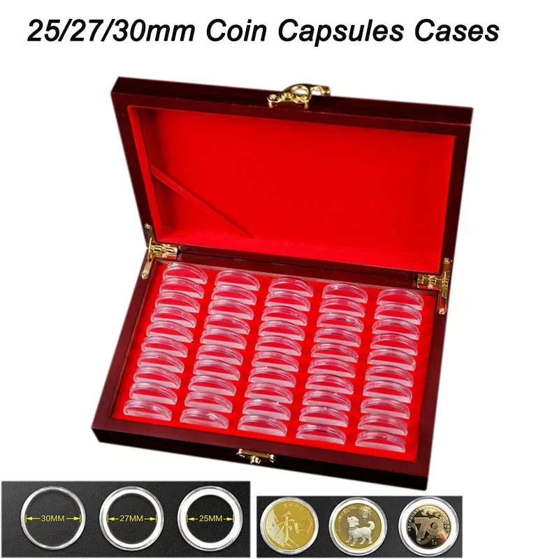 50pcs Coins 25/27/30mm Adjustable Storage Box Wooden Commemorative Coin Collection Case Holder Capsules with Adjustment Pads