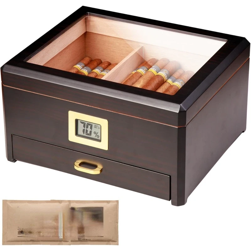 

Cigar Humidor and Boveda 72% Humidity Packs with Accessory Drawer, 25-50 Cigar Box with Digital Hygrometer, Spanish Cedar