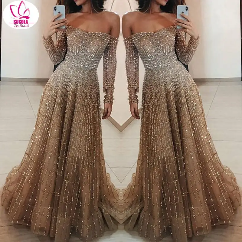 

SUSOLA Party Dress Women Lace Sequins Long Sleeves Empire Off The Shoulder Sexy Trend Floor-Length Womens Dresses