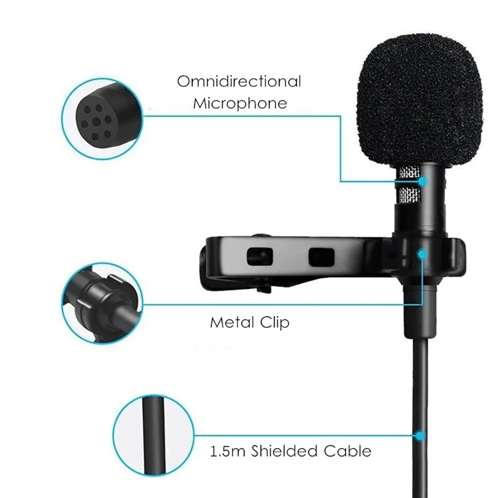 Portable Wired Lavalier Microphone, Mini Condenser, Clip-on Recording, Noise Reduction, iPhone Smartphone, 3.5mm, Type C