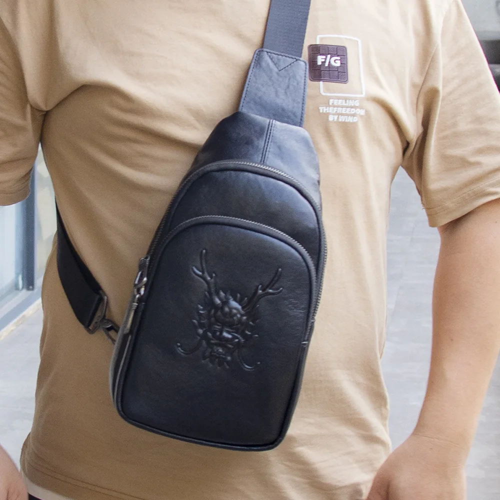 Men's Genuine Leather Crossbody Chest Bag Top Grain Cowhide Vegetable-Tanned Sling Shoulder Bag