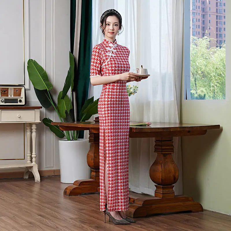 

Women Red Autumn Elegant Cheongsam Chinese Style Vintage Dress Female Slim Long Qipao Half Sleeve S To 5XL