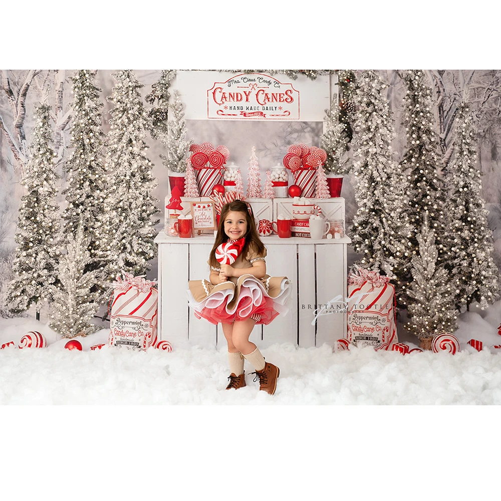 Mrs Claus Candy Station Photo Background Winter Christmas Photography Backdrop Sparkling Xmas Tree Cake Smash Photo Studio Props