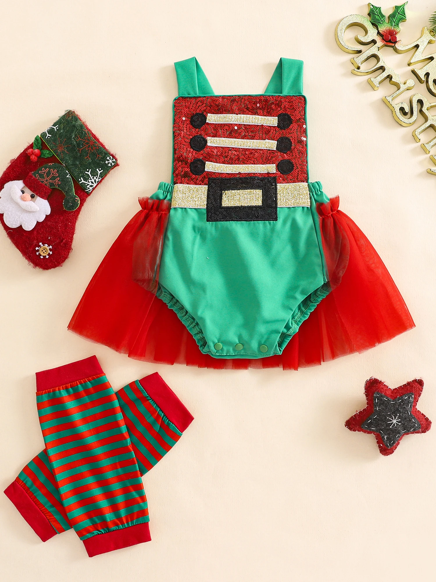 

Праздничный наряд для маленьких девочек, блестящий комбинезон без рукавов с пайетками и полосатыми гетрами, комплект из 2 предметов на Рождество