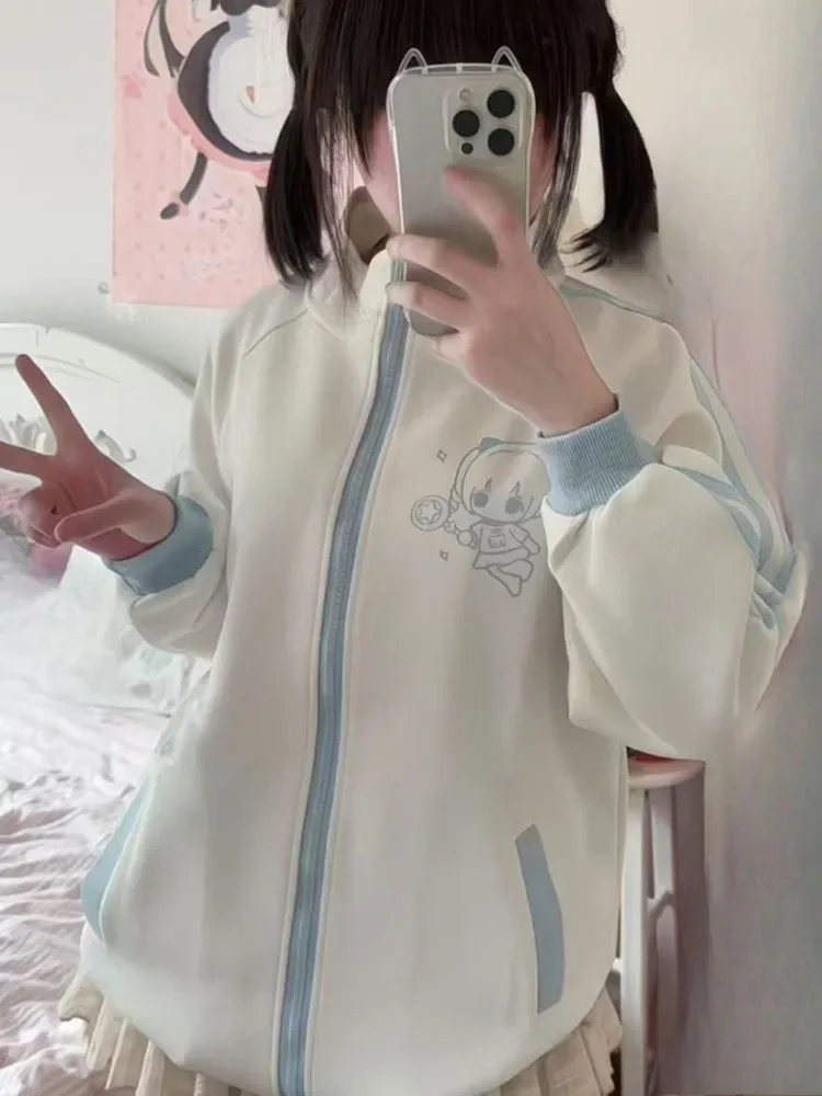 الخريف اليابانية الكرتون الطباعة معاطف غير رسمية المرأة فضفاضة Y2k الجمالية المرقعة جاكيتات المتضخم Harajuku الوقوف الرقبة سترة