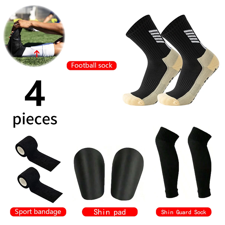 

Набор из 4 предметов для мужчин и женщин, спортивные нескользящие футбольные носки, спортивные бинты, спортивные носки, мини-подушечки для голени, носки для голени