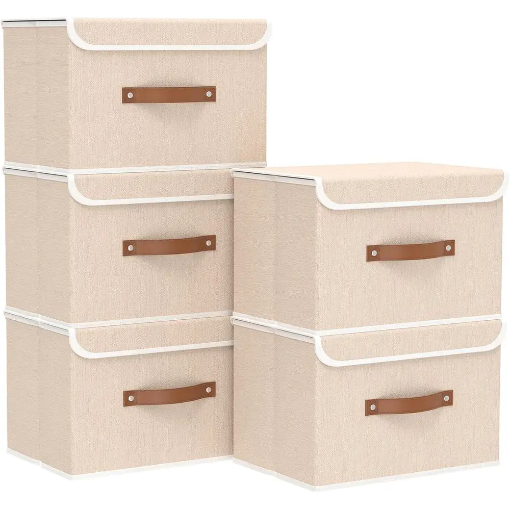 

Collapsible Storage Boxes, Linen Fabric Baskets, Bin with lid and Leather Handle, Washable, for Home, Closet, Beige, 17.7''Lx11.