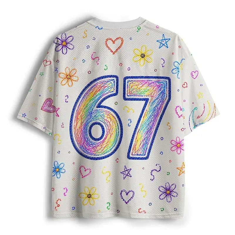 2026 Popular V-neck Mesh T-shirt with Fun Printed Short Sleeved T-shirt, Retro Streetwear, Loose Oversized Sports Mesh T-shirt