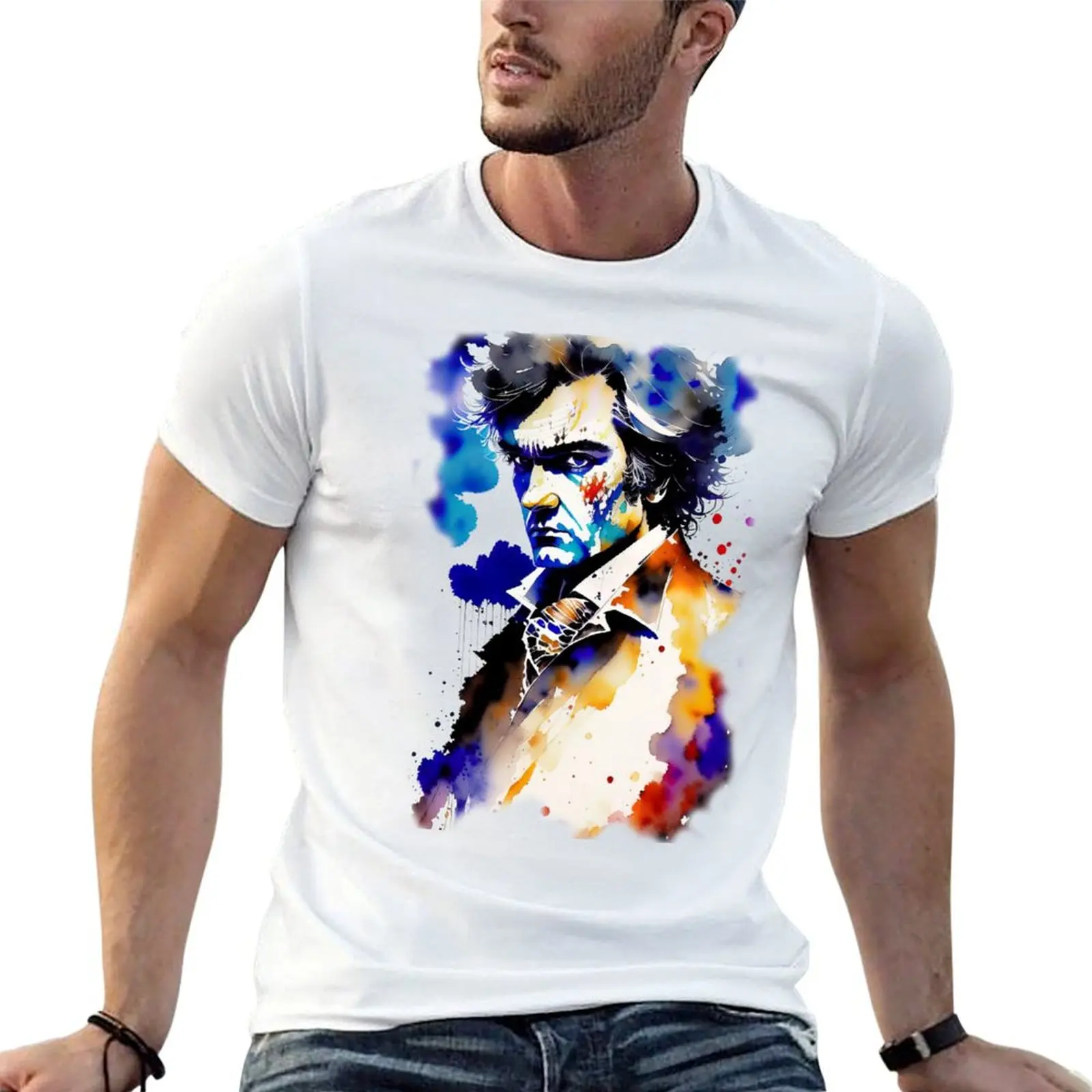 Ludwig van Beethoven portrait in watercolor T-Shirt Casual Minimalist Short Sleeve Top