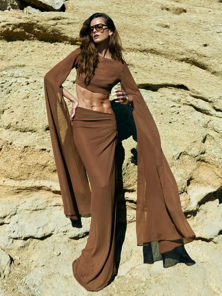 

Kliou Mesh Patchwork 2 Piece Set Woman o-Neck Long Ribbon Crop Tops+Elastic Wasit Long Skirts Vacation Beach Style Elegant Suits