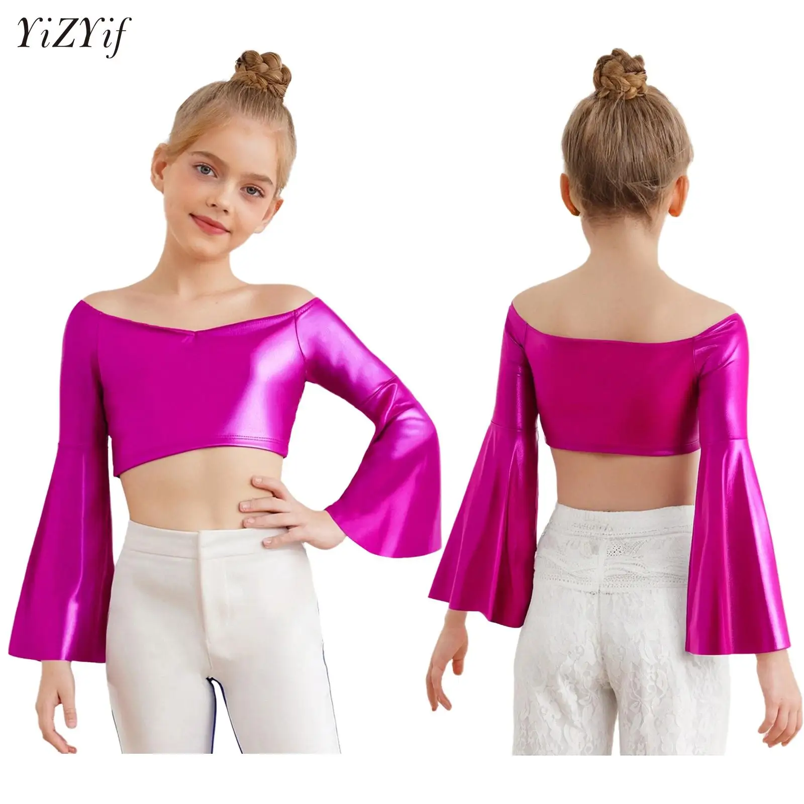 

Kids Girls Sequins Latin Jazz Dance Competition Performance Crop Tops Long Flared Sleeve Off-Shoulder Metallic T Shirts Top