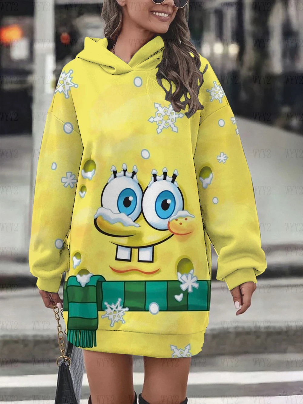 Christmas New Year Gift New Women Hoodies Dress Printed SpongeBob Cartoon Cute Women Fashion Trend Street Sweatshirt Sweater