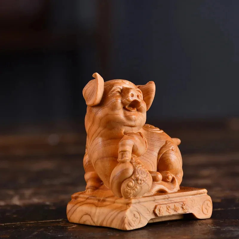 Chinese Natural Thuja Hand Carved Fortune Pig Figurine Zodiac Pig Statue Desktop Feng Shui Collectible Ornament