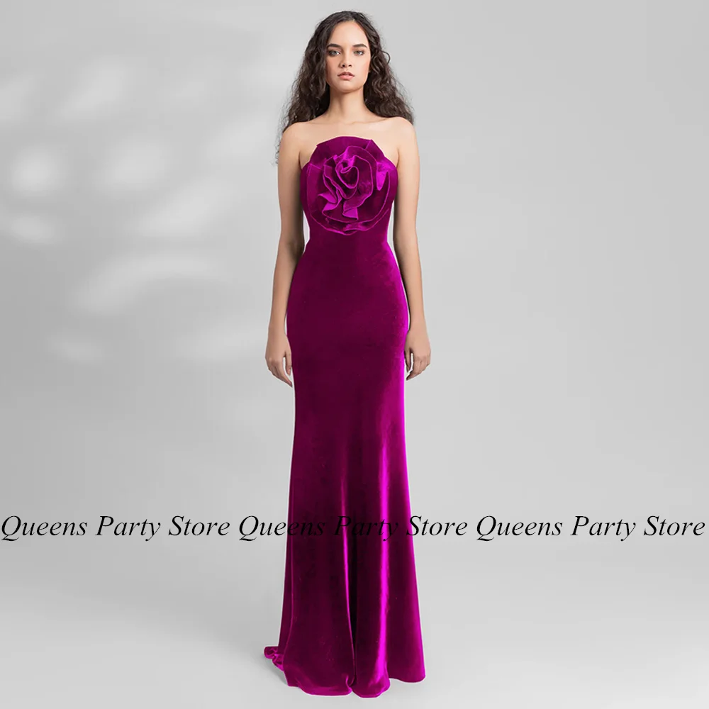 

Purple Velour Evening Dress Strapless Sleeveless Big Flower Open Back Mermaid Prom Dresses Velvet Party Gown for Weddings