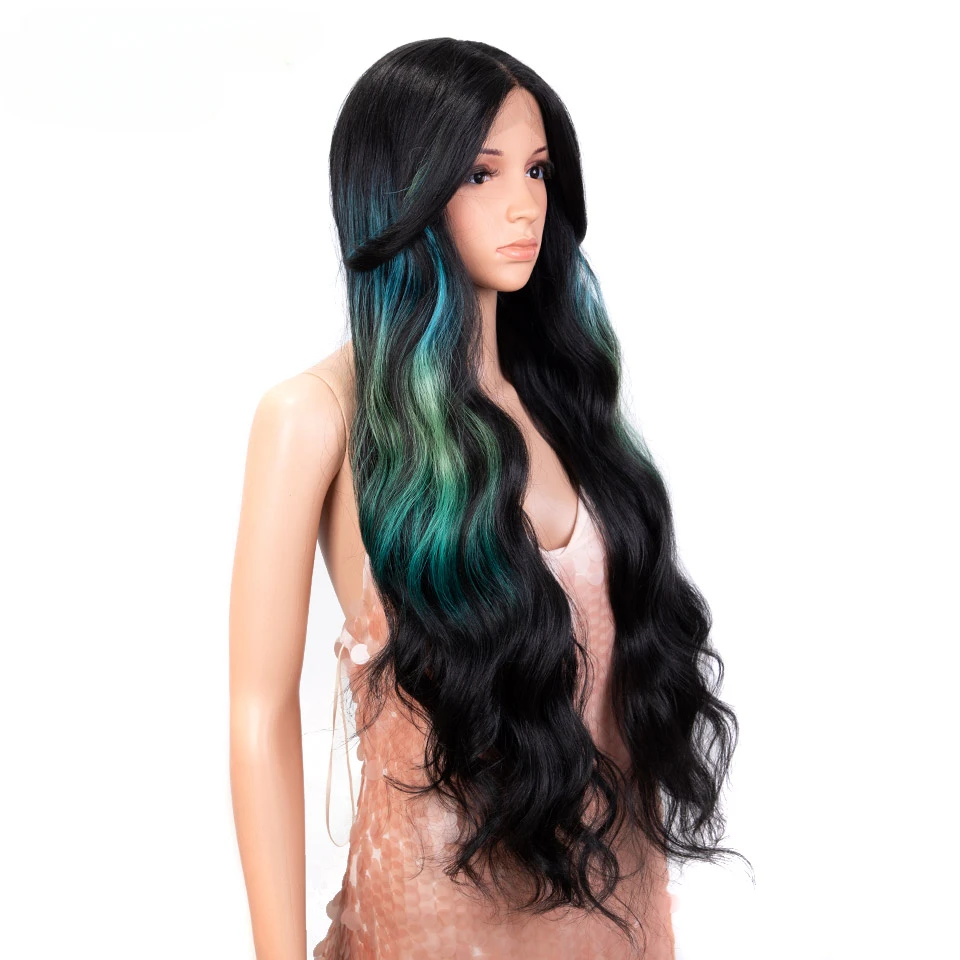 Parrucca anteriore in pizzo 34 pollici Ombre arcobaleno Glueless con Cosplay per capelli del bambino per le donne parrucche in pizzo a onde profonde