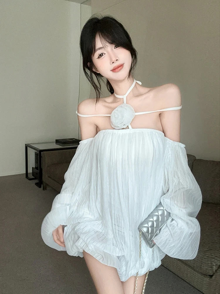

Elegant Pure Desire Floral Neck Hanging Shoulder Dress Sexy Shoulder Loose Slimming Short Skirt Korean Style Commute