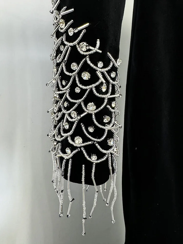 HIGH STREET Newest Fashion 2026 Designer Maxi Dresses Women\'s  Long Sleeve Luxurious Beaded Acetic Velvet Long Maxi Dress