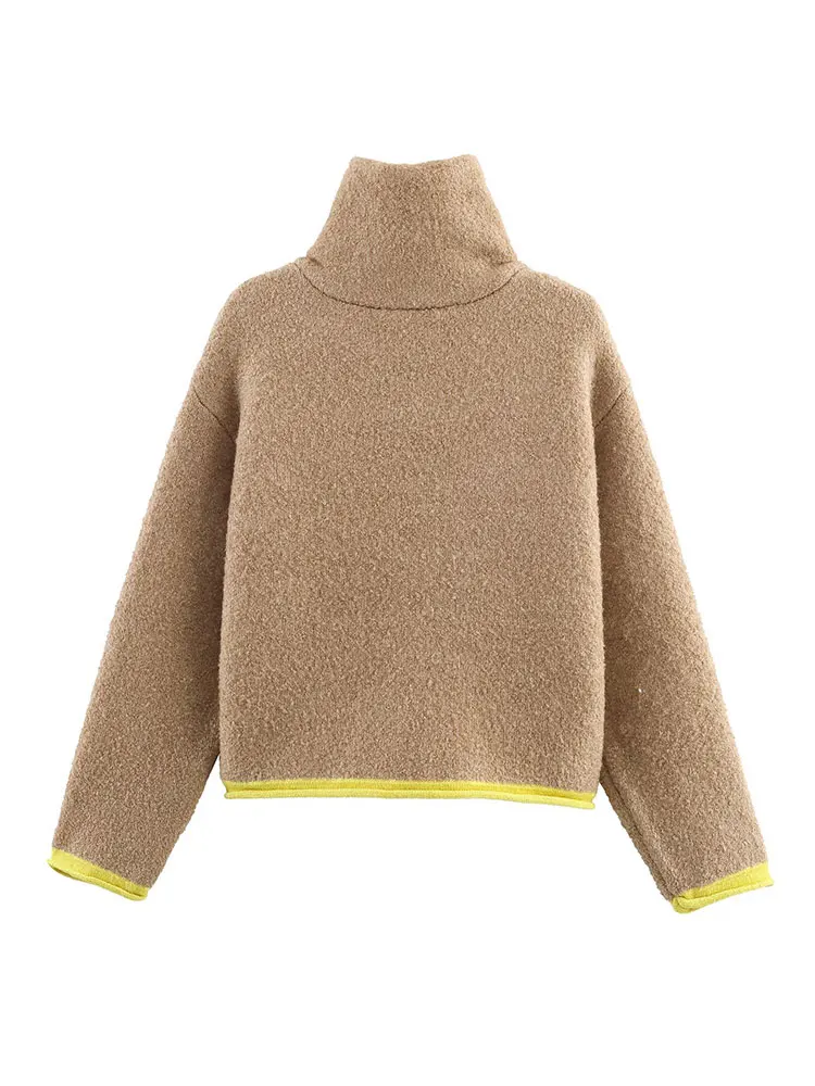 TFAFXY المرأة سترة سترة خريف شتاء محبوك عالية الرقبة طويلة الأكمام اللون حظر سستة معطف فضفاض الإناث رداء علوي غير رسمي ﻿