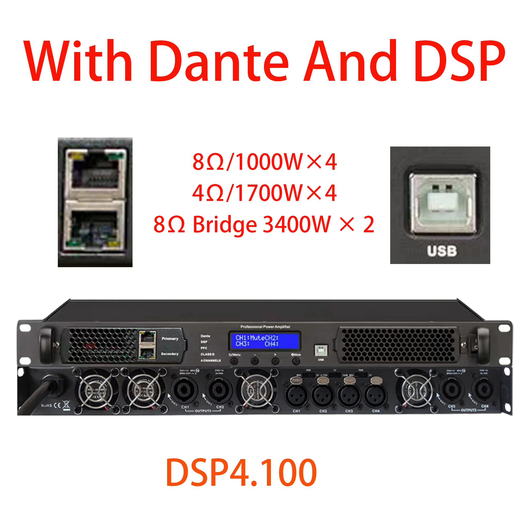 Professional DSP Digital Power Amplifier 4 Channel 4X1000W DSP And Dante Class D Line Array Speaker Powerful Audio DJ Subwoofer