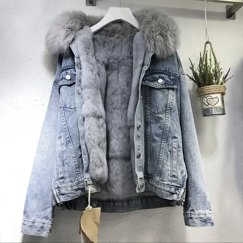 Mantel Denim wanita, mantel bulu kelinci imitasi kerah dapat dilepas jaket empuk Single-breasted untuk musim dingin wanita