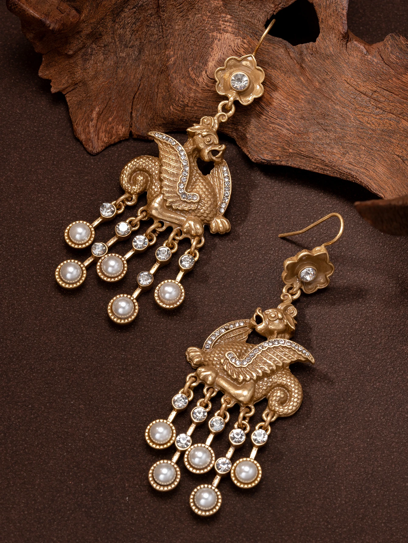 Vintage Distressed Gold Mythical Creature Embossed Tassel Earrings