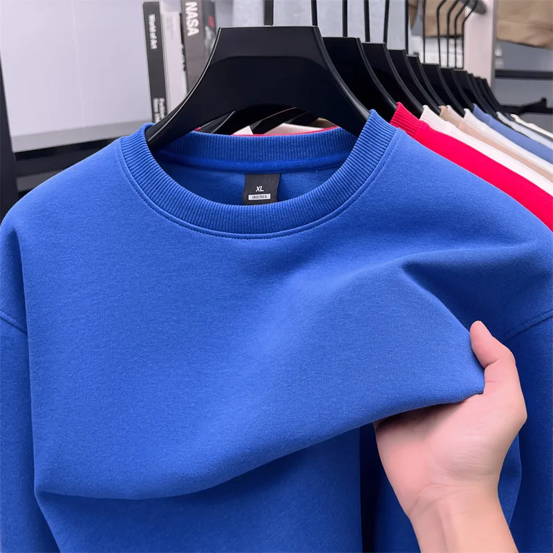 High end moda em torno do pescoço moletom masculino outono cor sólida simples coreano solto e confortável algodão manga longa camiseta